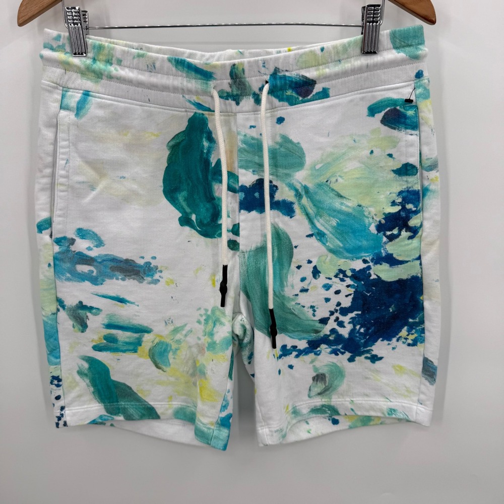 AG Adriano Goldschmied Mens Abstract Painterly Sweat Shorts White Teal XS Fits L